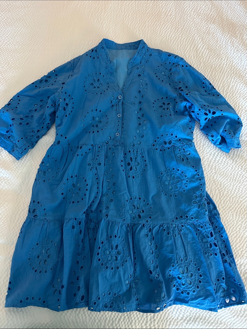 Blue Eyelet Tiered Midi Dress